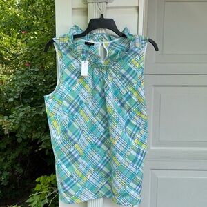 NWT Talbots Pretty Blues Greens Patched Madras Plaid Sleeveless Ruffle Neck